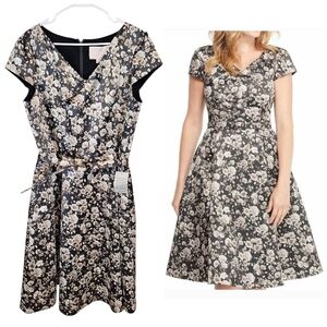 Gal Meets Glam Elle Brightex Duchess Fit & Flare Satin Floral Belted Vneck Dress